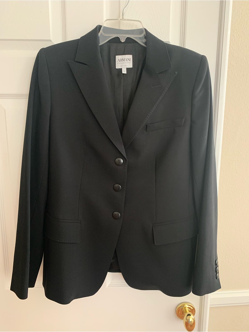 Armani Collezioni Blazer: Black, 3-Buttons, 100% Virgin Wool, Lined, US 12/EU 48
